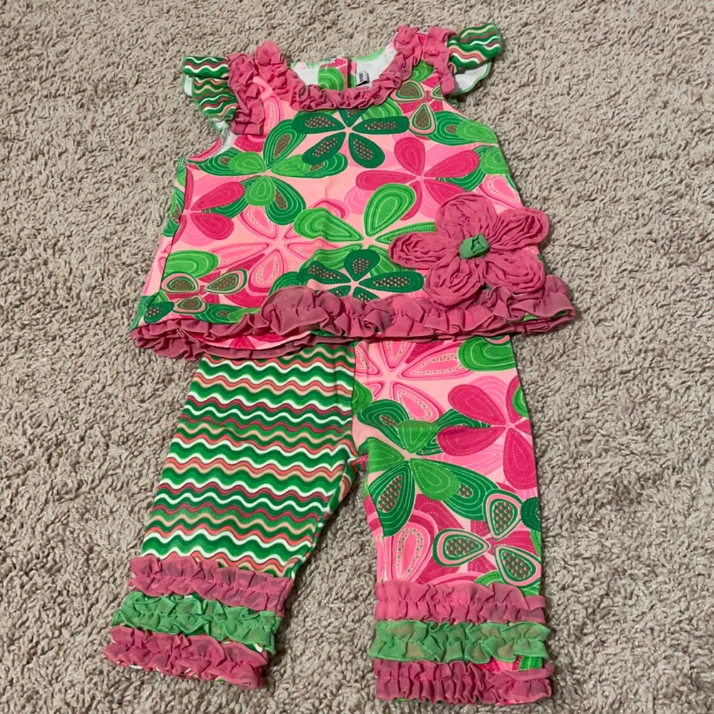 Mud pie baby pink green ruffle floral outfit girls 9-12m EUC